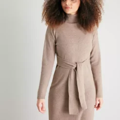 Beige Roll Neck Ribbed Belted Dress - 22 8 Beige Roll Neck Ribbed Belted Dress - 22 -Chic Elixir Sales Store tuc138990692 Tan R Z001A