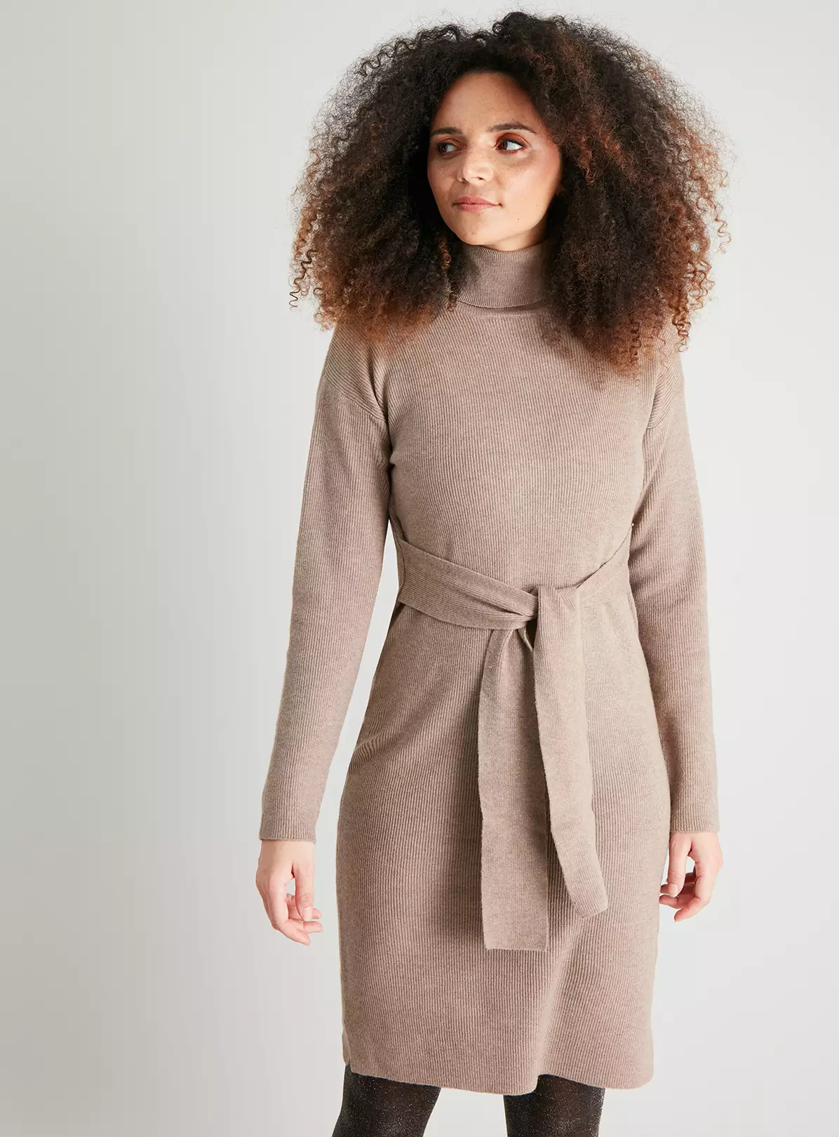 Beige Roll Neck Ribbed Belted Dress - 22 5 Beige Roll Neck Ribbed Belted Dress - 22 - Image 3
