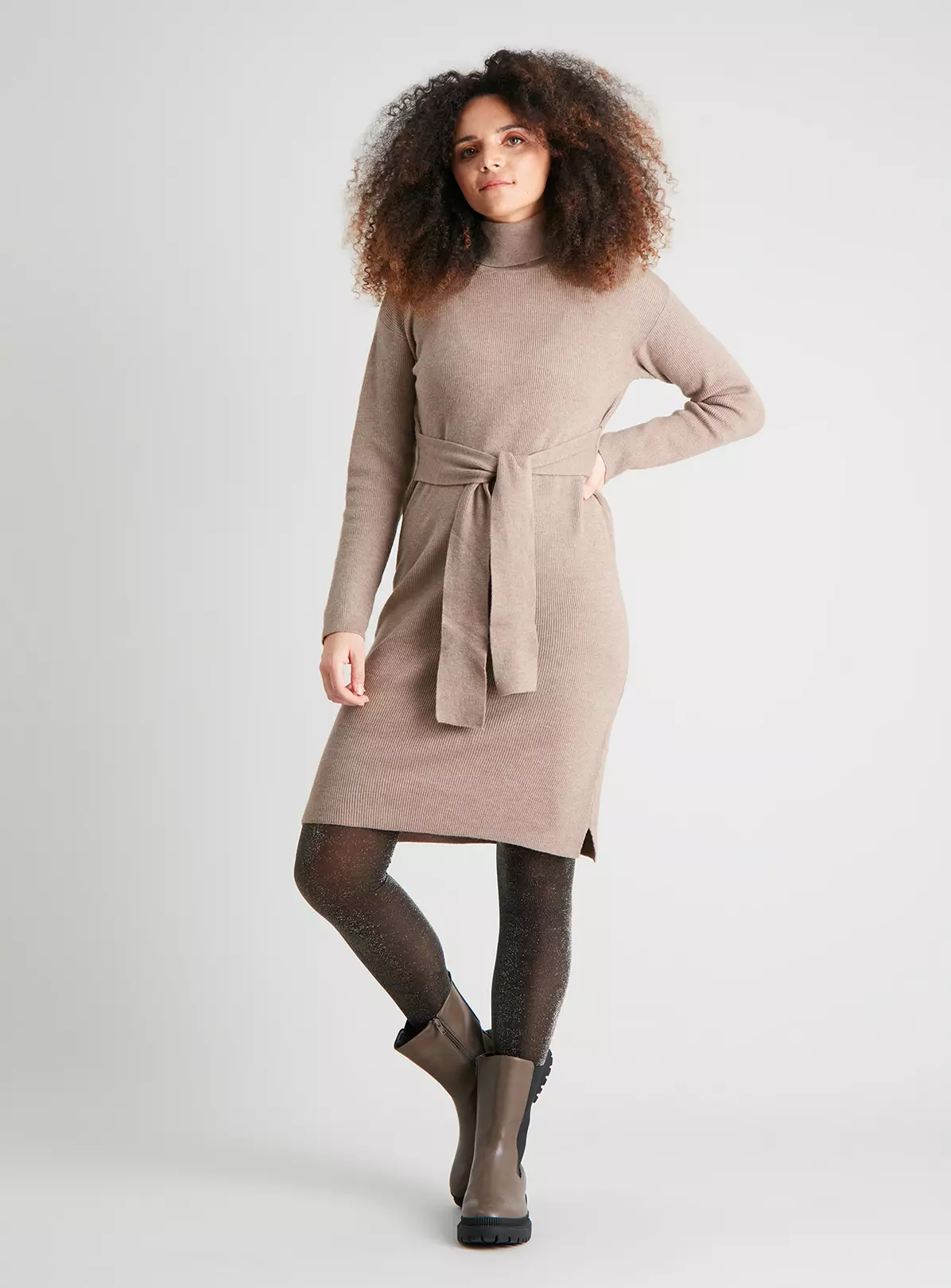 Beige Roll Neck Ribbed Belted Dress - 22 4 Beige Roll Neck Ribbed Belted Dress - 22 - Image 2