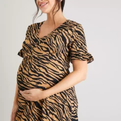 MATERNITY Brown Zebra Print Crinkle Midi Dress - 20
