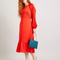 Red Satin Plissé Sleeve Midi Dress 24 -Chic Elixir Sales Store tuc141965501 Pink R Z001A