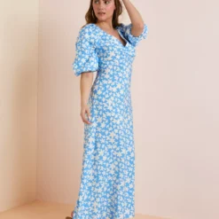 Everbelle Blue Floral Tuck Sleeve Midaxi Dress 16