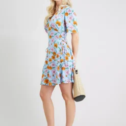 Blue Floral Crinkle Tea Dress 20 -Chic Elixir Sales Store tuc142248870 Blue R Z002A