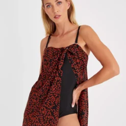 Brown Leaf Print Sarong Swim Dress 22 -Chic Elixir Sales Store tuc142358585 Black R Z001A