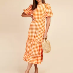 LITTLE MISTRESS Orange Gingham Midi Dress 8 -Chic Elixir Sales Store tuc142636872 Orange R Z001A