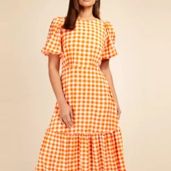 LITTLE MISTRESS Orange Gingham Midi Dress 8 -Chic Elixir Sales Store tuc142636872 Orange R Z002A