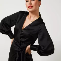 For All The Love Floaty Satin Wrap Midi Dress 18 -Chic Elixir Sales Store tuc142765261 Black R Z002A