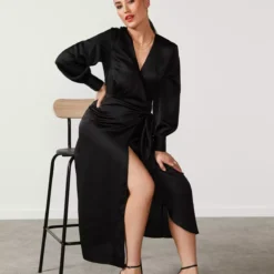 For All The Love Floaty Satin Wrap Midi Dress 18 -Chic Elixir Sales Store tuc142765261 Black R Z004A