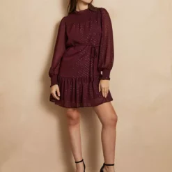 EVERBELLE Burgundy High Neck Dobby Dress 18