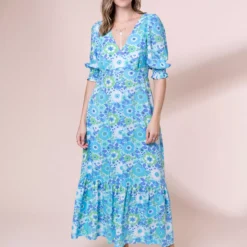 ANORAK Nostalgic Flower Olivia Bow Midi Dress 16 -Chic Elixir Sales Store tuc143044570 Blue R Z005A