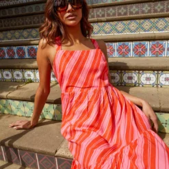 ANORAK Nostalgic Stripe EcoVero Strappy Midi Dress 20 -Chic Elixir Sales Store tuc143050241 Pink R Z004A