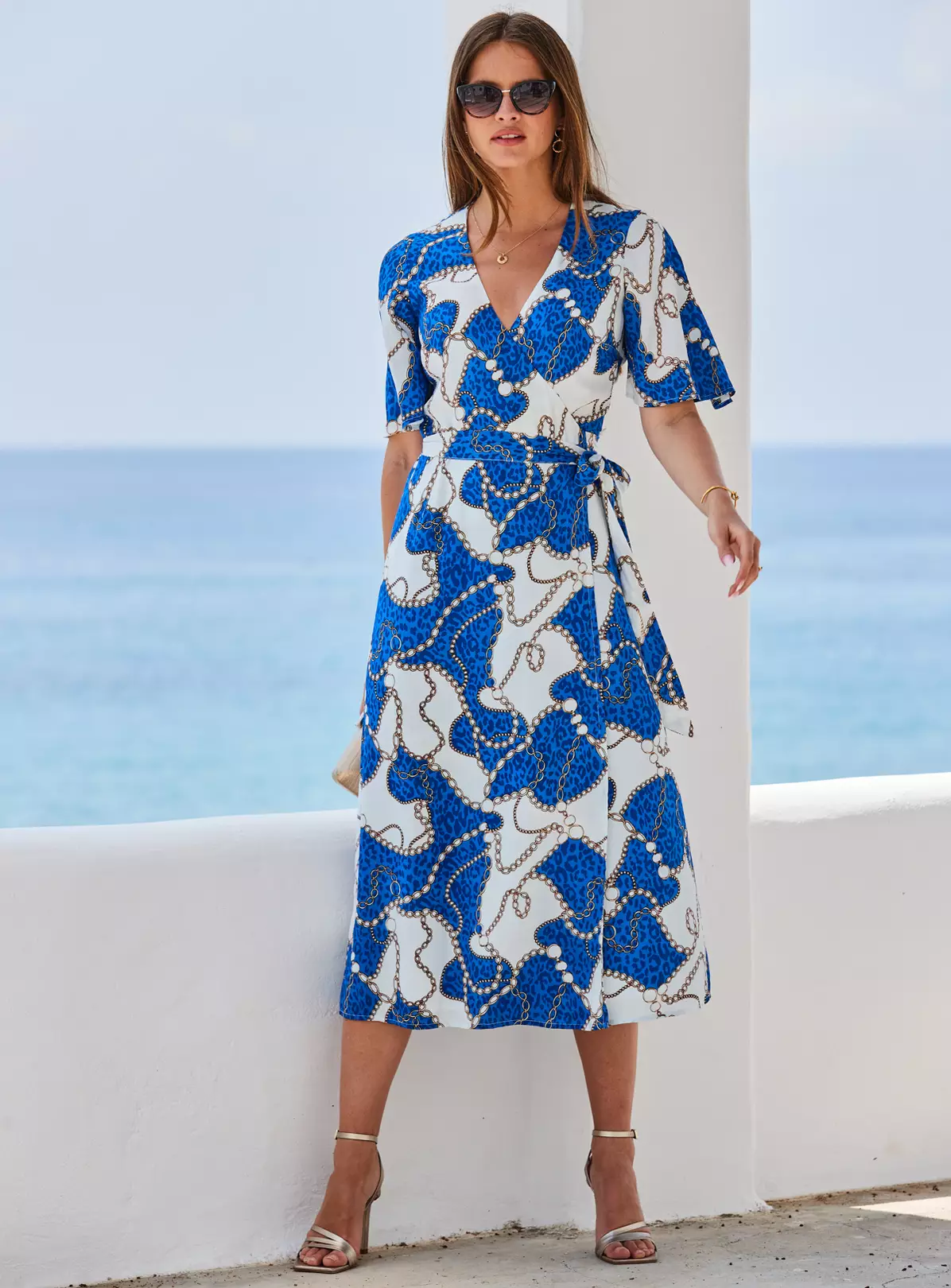 SOSANDAR Blue Conversational Kimono Sleeve Midi Wrap Dress 8 6 SOSANDAR Blue Conversational Kimono Sleeve Midi Wrap Dress 8 - Image 4