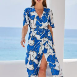 SOSANDAR Blue Conversational Kimono Sleeve Midi Wrap Dress 8