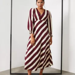 For All The Love Stripe Printed Volume Sleeve V-Neck Midaxi Dress 8 -Chic Elixir Sales Store tuc143285816 Dark20Red R Z001A 1