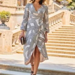 SOSANDAR Ivory And Black Satin Mixed Stripe Wrap Midi Dress 10 -Chic Elixir Sales Store tuc143301521 Multi20Coloured R Z002A 1