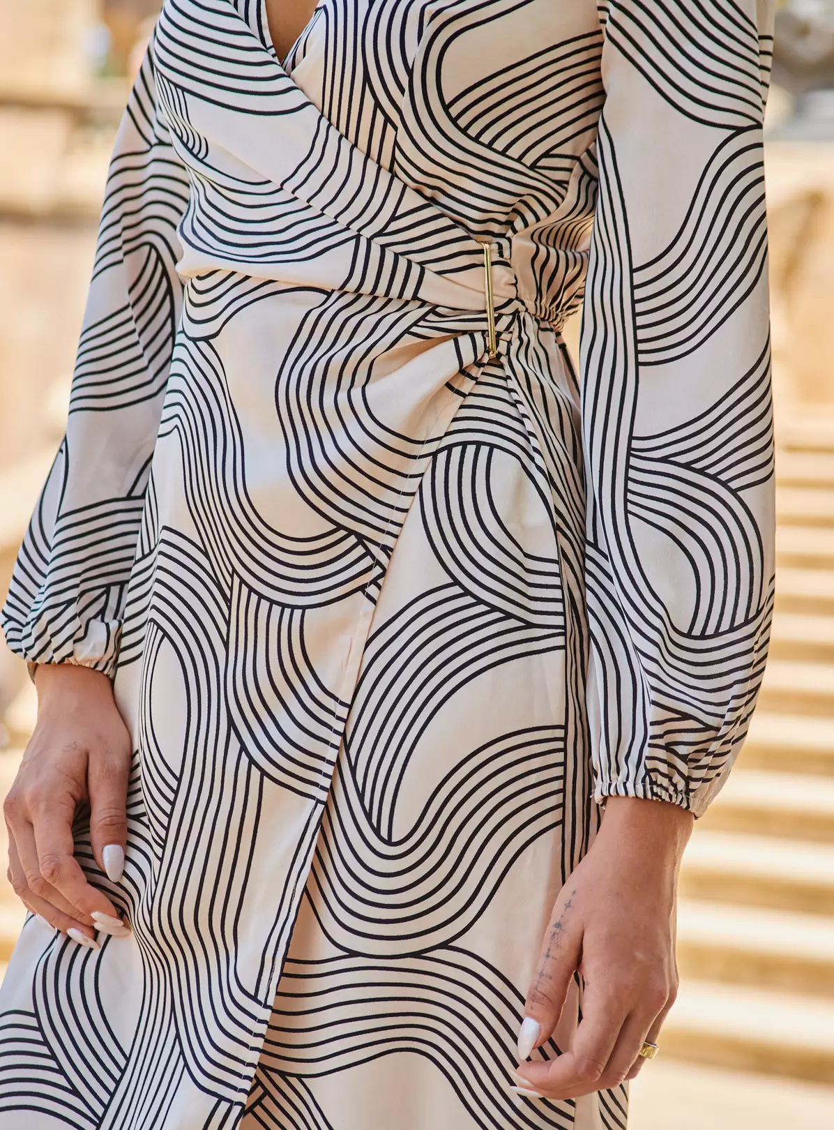 SOSANDAR Ivory And Black Satin Mixed Stripe Wrap Midi Dress 18 5 SOSANDAR Ivory And Black Satin Mixed Stripe Wrap Midi Dress 18 - Image 3