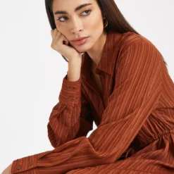 Tan Plisse Midaxi Shirt Dress 22R -Chic Elixir Sales Store tuc143424919 Brown R Z003A