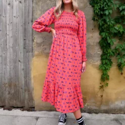 ANORAK Night Butterfly Shirred Midi Dress 16 -Chic Elixir Sales Store tuc143480136 Coral R Z001A
