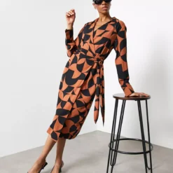 For All The Love Geometric Printed Tie Wrap Midi Dress 20 -Chic Elixir Sales Store tuc143579566 Multi20Coloured R Z004A