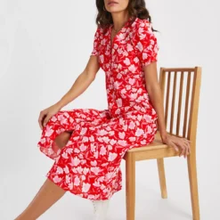 Red Floral Print Tea Dress 20L -Chic Elixir Sales Store tuc143658281 Red R Z002A