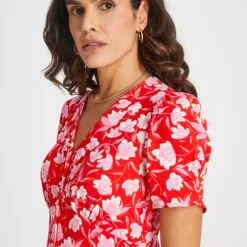 Red Floral Print Tea Dress 20L -Chic Elixir Sales Store tuc143658281 Red R Z003A