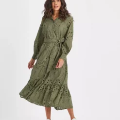 Khaki Broderie Midi Shirt Dress 14 -Chic Elixir Sales Store tuc143664681 Khaki R Z001A 1