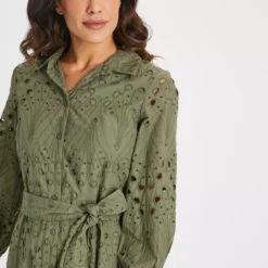 Khaki Broderie Midi Shirt Dress 14