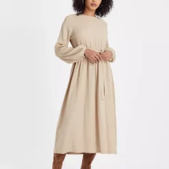 Neutral Crinkle Tie Waist Midi Dress 12 -Chic Elixir Sales Store tuc143679145 Neutral R Z001A 1