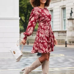 SOSANDAR Belted Ruffle Fit And Flare Mini Dress 10 -Chic Elixir Sales Store tuc144030946 Dark20Red R Z001A