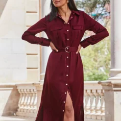 SOSANDAR Utility Pocket Shirt Dress 18 -Chic Elixir Sales Store tuc144031017 Dark20Red R Z001A