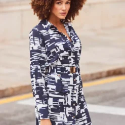 SOSANDAR Blue Conversational Luxe Utility Shirt Dress 16