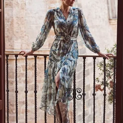 SOSANDAR Khaki Conversational Paisley Print Belted Maxi Tiered Hem Dress 18