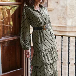 SOSANDAR Khaki Spot Tiered Hem Shirt Dress 16 -Chic Elixir Sales Store tuc144176363 Khaki R Z001A