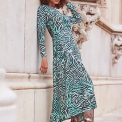 SOSANDAR Green Animal Pleat Insert Asym Hem Midi Dress 14 -Chic Elixir Sales Store tuc144176945 Green R Z001A