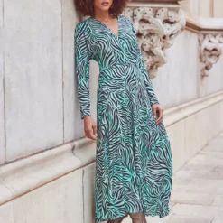 SOSANDAR Green Animal Pleat Insert Asym Hem Midi Dress 14 -Chic Elixir Sales Store tuc144176945 Green R Z002A