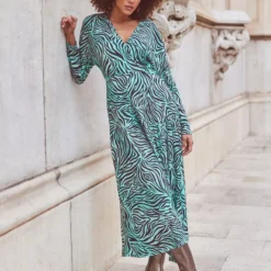 SOSANDAR Green Animal Pleat Insert Asym Hem Midi Dress 16 -Chic Elixir Sales Store tuc144176945 Green R Z005A 1