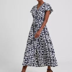 FRENCH CONNECTION Islanna Crepe Short Sleeve Belted Midi Dress 12 -Chic Elixir Sales Store tuc144281243 Blue R Z001A