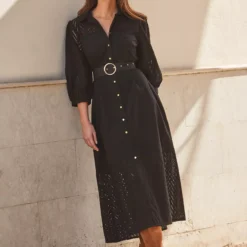 SOSANDAR Black Broderie Detail Midi Shirt Dress 16 -Chic Elixir Sales Store tuc144368576 Black R Z004A 1