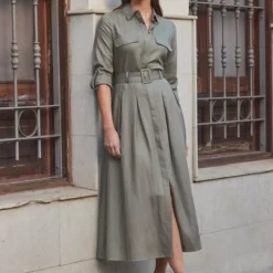 SOSANDAR Khaki Green Utility Midi Shirt Dress 18