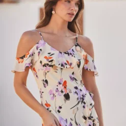 SOSANDAR Ivory Floral Cold Shoulder Ruffle Maxi Dress 18